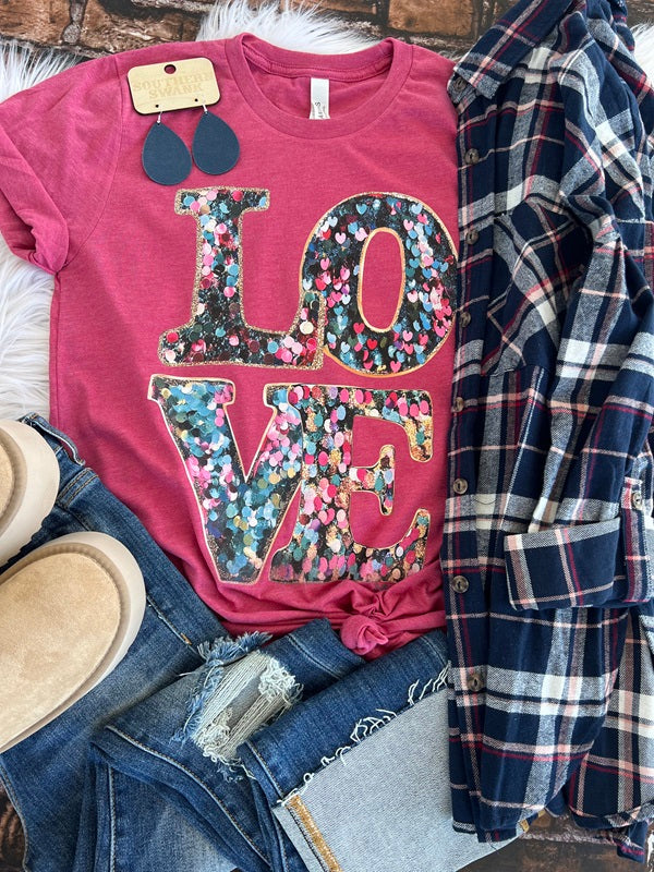 LOVE Faux Gold Glitter and Sequin Tee