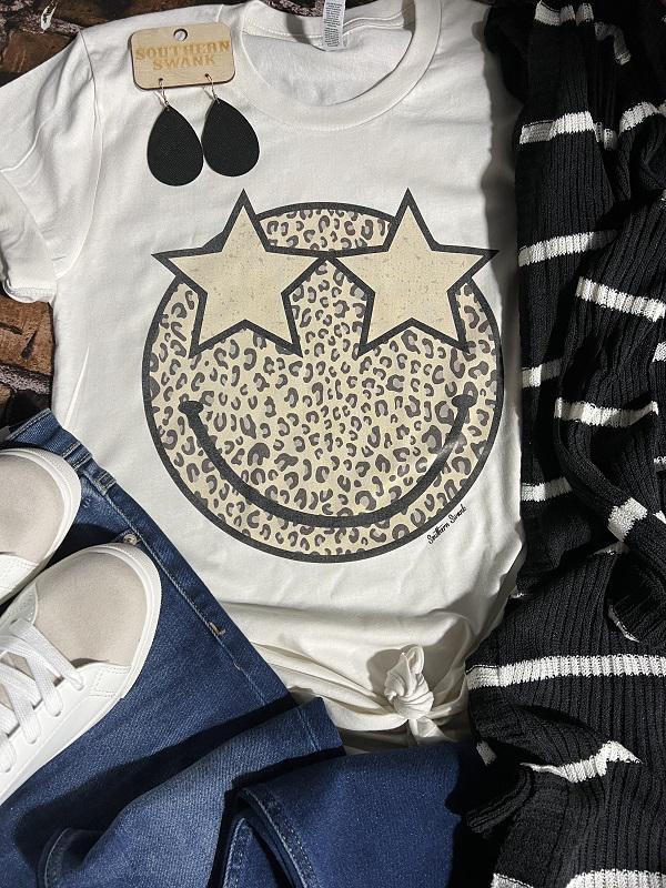 She's A Star, Leopard Smiley Face Tee - Southern Swank Wholesale